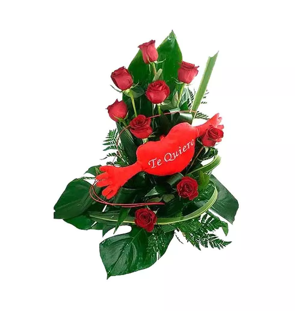 Rose Day Present of Red Roses Bouquet with Heart-shaped Teddy