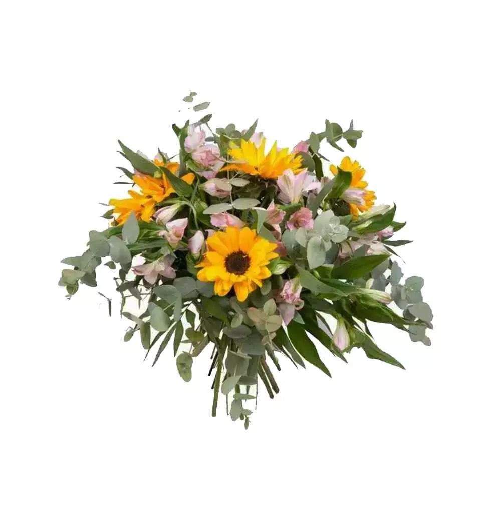 Bouquet Of Sunflowers Astromelias And Greens